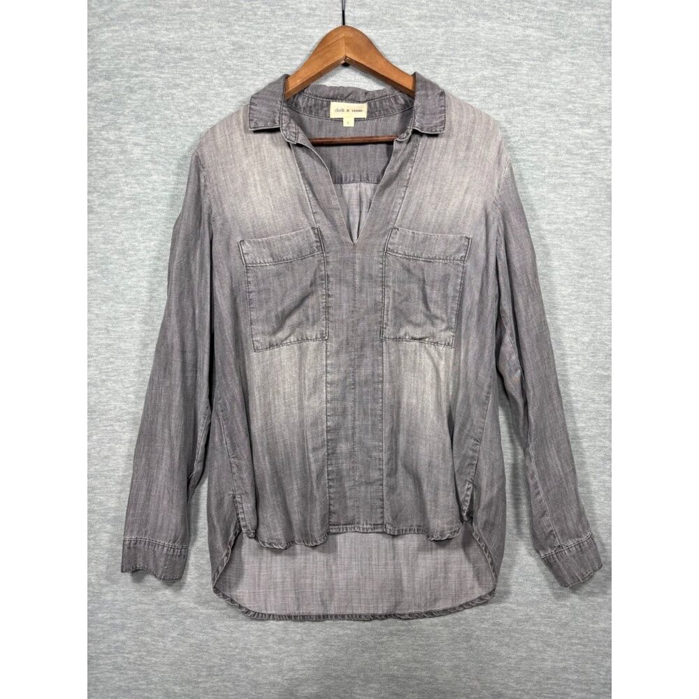 Cloth & Stone Womens Top L Long‎ Sleeve Gray Popover Shirt